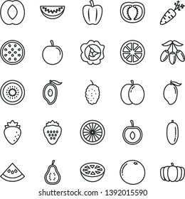 thin line vector icon set - strawberry vector, apple, squash, raspberry, mulberry, mango, half of, goji berry, peach, water melon slice, date fruit, tasty plum, cherry, juicy lemon, kiwi, passion