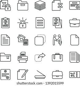 thin line vector icon set - scribbled paper vector, folder bookmark, estimate, pile, suitcase, notes, delete page, copy, move right, briefcase, statistical overview, research, newspaper, encrypting