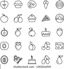 thin line vector icon set - cake vector, piece of cheese, pizza, muffin, torte, glazed with a hole, sushi set, cone, omelette, apple, cherry, peach, half apricot, quince, tasty, raspberry, cornels