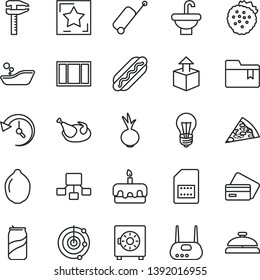 thin line vector icon set - folder bookmark vector, children's bathroom, window frame, washbasin, strongbox, unpacking, piece of pizza, Hot Dog, torte, chicken, beet, soda can, strawberries, lime