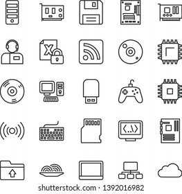 thin line vector icon set - keyboard vector, rss feed, upload folder, operator, onion, smd, scheme, computer, notebook pc, encrypting, tower, motherboard, cpu, card, cd, usb flash, floppy, coding