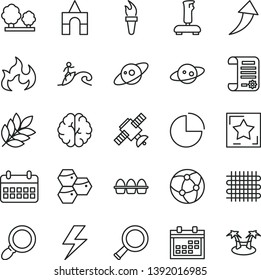 thin line vector icon set - lightning vector, calendar, pie chart, box of bricks, bundle eggs, honeycombs, trees, weaving, research article, network, magnifier, joystick, zoom, brain, satellite