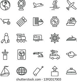 thin line vector icon set - baby toy train vector, building trolley, globe, planet, helicopter, earth, plane, camper, sail boat, backpacker, airport tower, passenger, passport, rolling case, baggage