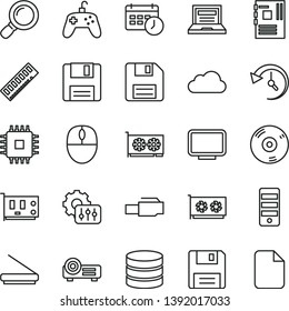 thin line vector icon set - floppy disk vector, laptop, mouse, pc tower, motherboard, cpu, memory, card, gpu, monitor, cd, scanner, lan connector, projector, magnifier, joystick, big data, history