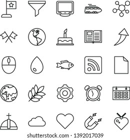 thin line vector icon set - alarm clock vector, clean sheet of paper, rss feed, cake, cogwheel, heart, book, drop, fish, planet, Earth, magnet, filter, wall calendar, mouse, monitor, cloud, molecule