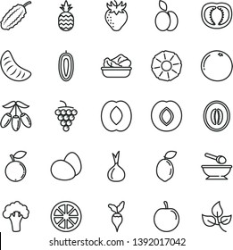 thin line vector icon set - deep plate with a spoon vector, eggs, lettuce in, pineapple, apple, large grape, plum, strawberry, blueberry, goji berry, half peach, melon, slice of tangerine, tasty