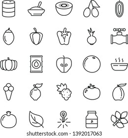 thin line vector icon set - a bowl of buckwheat porridge vector, hot, tomato, peper, beet, cone, jar jam, pomegranate, grape, quince, tasty apple, cornels, loquat, sweet date fruit, kiwi, tamarillo