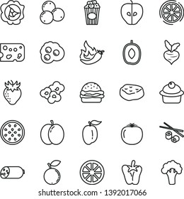 thin line vector icon set - sausage vector, piece of cheese, burger, muffin, meat, peper, Chinese chopsticks, popcorn, cup, omelette, apple, squash, tasty, strawberry, blueberry, blueberries, ripe