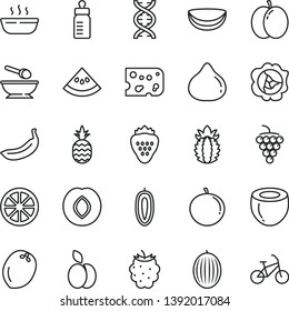thin line vector icon set - feeding bottle vector, deep plate with a spoon, piece of cheese, hot porridge, strawberry, pineapple, apple, large grape, squash, plum, fig, blackberry, melon, tangerine