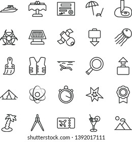 thin line vector icon set - plastic brush vector, atom, zoom, satellite, biohazard, drawing compass, artifical insimination, medal, sun panel, stopwatch, patente, bang, plane ticket, baggage, tent
