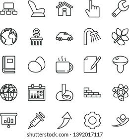 thin line vector icon set - house vector, repair key, sign of the planet, calendar, car child seat, brick wall, shower, index finger, notes, eggs, mushroom, cup tea, retro, scheme, presentation
