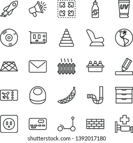 Thin Line Vector Icon Set - Storage Unit Vector, Baby Bib, Car Child Seat, Stacking Toy, Kick Scooter, Brickwork, Siphon, Power Socket Type B, Drawing, Pavement, Size, Liquor, Peas, Planet Earth, Pc