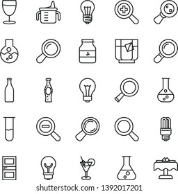 thin line vector icon set - matte light bulb vector, magnifier, zoom, out, measuring cup for feeding, interroom door, a glass of tea, bottle soda, jar jam, flask, mercury, magnifying, test tube