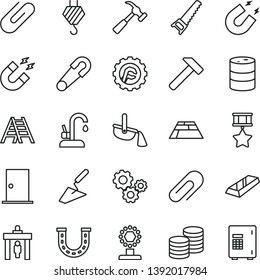 thin line vector icon set - clip vector, safety pin, hook, trowel, hand saw, ladder, ntrance door, star gear, paving slab, kitchen faucet, hammer, with claw, coins, barrel, steel production, gears