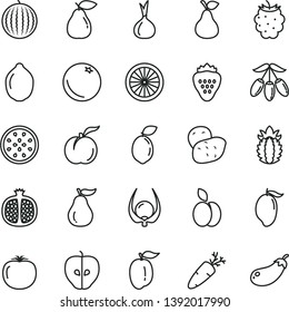 thin line vector icon set - carrot vector, strawberry, apple, pear, orange, ripe peach, half pomegranate, tasty, blackberry, water melon, mango, goji berry, plum, lime, of passion fruit, sour, guava