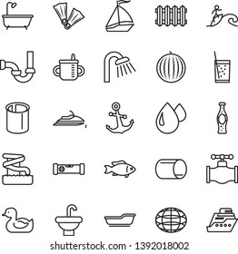 thin line vector icon set - mug for feeding vector, rubber duck, bath, washbasin, shower, sewerage, construction level, new radiator, anchor, fish, a glass of soda, bottle, water melon, valve, drop