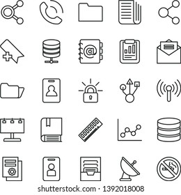 thin line vector icon set - add bookmark vector, graph, archive, e, received letter, big data server, address book, phone call, billboard with illumination, connection, connections, newspaper, usb