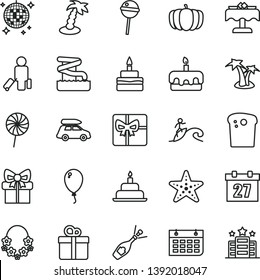 thin line vector icon set - daily calendar vector, balloon, birthday cake, gift, Easter, torte, Chupa Chups, lollipop, pumpkin, wall, giftbox, champagne, car baggage, passenger, palm tree, aquapark