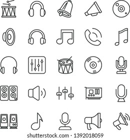 thin line vector icon set - desktop microphone vector, horn, loudspeaker, drumroll, drum, bell, headphones, music, regulator, volume, phone call, megaphone, pc card, cd, speaker, note, settings