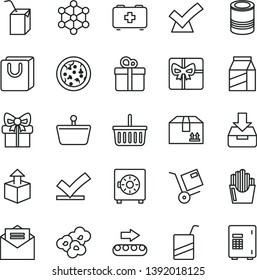 thin line vector icon set - grocery basket vector, bag of a paramedic, e, packing juice with straw, received letter, put in box, strongbox, handles, cardboard, gift, package, shipment, unpacking