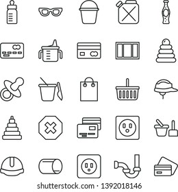 thin line vector icon set - mark of injury vector, grocery basket, dummy, measuring cup for feeding, bottle, stacking rings, toy, sand set, children's, window frame, bucket, sewerage, cards, soda