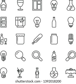 thin line vector icon set - matte light bulb vector, incandescent lamp, magnifier, mercury thermometer, window, interroom door, a glass of tea, bottle soda, jam, liquor, jar, flask, wine, cocktail