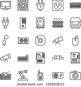 thin line vector icon set - camera vector, keyboard, plummet, screen, plug, electric, socket, assembly robot, cast iron radiator, mobile phone, fan, mouse, pc power supply, tower, motherboard, hdd