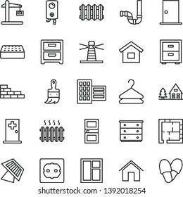 thin line vector icon set - bedside table vector, chest of drawers, dwelling, brick wall, window, wooden paint brush, siphon, laying out, power socket type f, ntrance door, interroom, city block