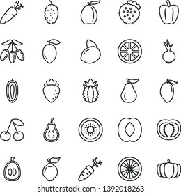 thin line vector icon set - beet vector, carrot, strawberries, cherry, quince, raspberry, mulberry, mango, loquat, goji berry, half peach, sweet date fruit, lemon, yellow, juicy, of kiwi, orange