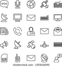 thin line vector icon set - desktop microphone vector, monitor window, envelope, keyboard, toy mobile phone, received letter, screen, call, operator, satellite antenna, SIM, horn, morning paper