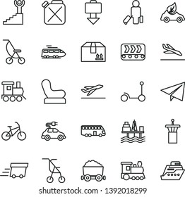 thin line vector icon set - paper airplane vector, Baby chair, summer stroller, sitting, toy train, Kick scooter, cardboard box, commercial seaport, conveyor, canister, eco car, electric, bus, bike