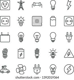thin line vector icon set - danger of electricity vector, matte light bulb, saving, power socket type f, lightning, fan screw, charge level, charging battery, accumulator, line, plug, electric, car