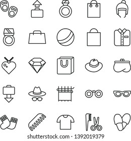 thin line vector icon set - paper bag vector, hat, with glasses, bath ball, accessories for a hairstyle, comb, warm socks, shoes little children, winter, handles, T shirt, folded, cloth industry