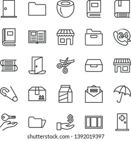 thin line vector icon set - open pin vector, e, books, window frame, ntrance door, received letter, book, umbrella, folder, drawer, cardboard box, 24, package, half of coconut, kiosk, stall, exit