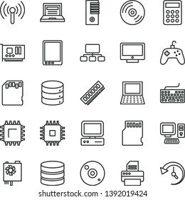 thin line vector icon set - laptop vector, keyboard, CD, screen, big data, smd, scheme, calculator, computer, tablet pc, notebook, power supply, tower, cpu, memory, card, printer, wireless, joystick