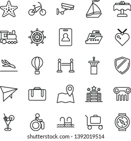 thin line vector icon set - train vector, sail boat, air balloon, hang glider, bike, airport tower, rope barrier, identity card, suitcase, arrival, cocktail, pool, restaurant, starfish, baggage, map