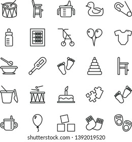 thin line vector icon set - mug for feeding vector, measuring cup, new abacus, bottle, t short, sitting stroller, open pin, electronic thermometer e, rubber duck, stacking toy, warm socks, a chair