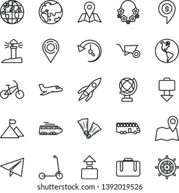 thin line vector icon set - paper airplane vector, child Kick scooter, building trolley, map, globe, planet, Earth, coastal lighthouse, location, history, rocket, mountain flag, dollar pin, plane