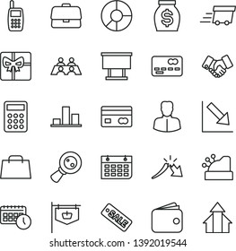 thin line vector icon set - negative chart vector, vintage sign, billboard, magnifying glass, briefcase, woman, reverse side of a bank card, front the, crisis, handclasp, wallet, money, ring diagram