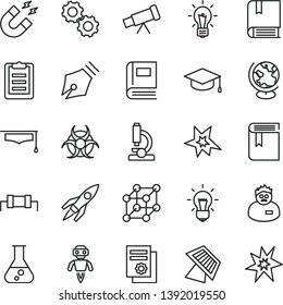 thin line vector icon set - book vector, e, square academic hat, scientific publication, flask, microscope, telescope, bulb, gears, biohazard, globe, magnet, scientist, graduate, clipboard, robot