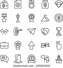 thin line vector icon set - upward direction vector, portfolio, hand shake, money, dollar, gold cup, mountain flag, man hold, pennant, purpose, medal with, ribbon, hero, star, certificate, diamond