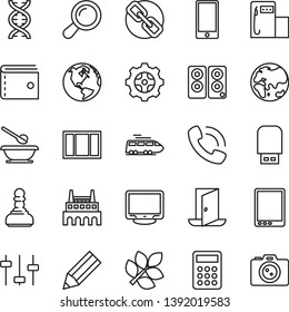 thin line vector icon set - purse vector, spectacles, plates and spoons, window frame, smartphone, modern gas station, planet, industrial factory, gear, pencil, phone call, calculator, tablet pc