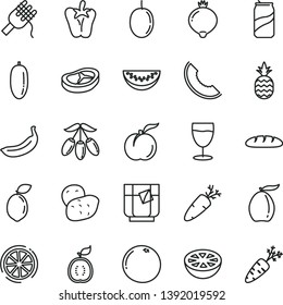 thin line vector icon set - loaf vector, spaghetti, bacon, peper, carrot, a glass of tea, soda can, pineapple, ripe peach, medlar, slice melon, loquat, goji berry, water, date fruit, passion, banana