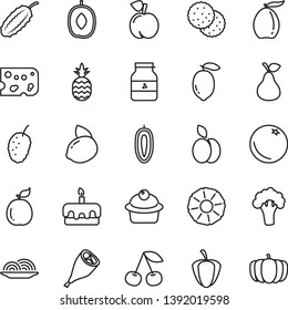 thin line vector icon set - piece of cheese vector, onion, muffin, torte, grill chicken leg, jar jam, a pineapple, apple, pear, biscuit, orange, cherry, peach, tasty mulberry, loquat, delicious plum