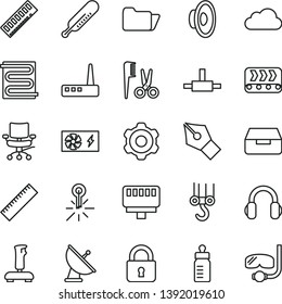 thin line vector icon set - yardstick vector, loudspeaker, feeding bottle, mercury thermometer, accessories for a hairstyle, winch hook, cogwheel, heating coil, lock, drawer, conveyor, memory, chair