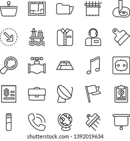 thin line vector icon set - lay out of flat vector, power socket type f, putty knife, spatula, paving slab, music, flag, operator, folded shirt, right bottom arrow, sea port, valve, cloth industry