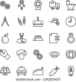 thin line vector icon set - gears vector, garden trolley, comfortable toilet, paving slab, wall clock, car, delete page, delivery, fried vegetables on sticks, torte, a plate of milk, carrot, guava