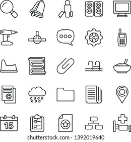 thin line vector icon set - monitor window vector, rainy cloud, potty chair, drill, heating coil, bell, calendar, magnifier, flowchart, survey, clip, a bowl of rice porridge, gear, location, speech
