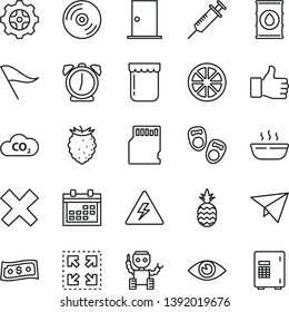 thin line vector icon set - danger of electricity vector, calendar, wind direction indicator, cross, shoes for little children, ntrance door, alarm clock, eye, CD, size, hot porridge, jam, oil, gear