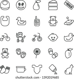 thin line vector icon set - baby powder vector, bib, Child T shirt, rubber duck, duckling, warm socks, toy mobile phone, children's potty, teddy bear, small, hairdo, yule, bicycle, tricycle, pear